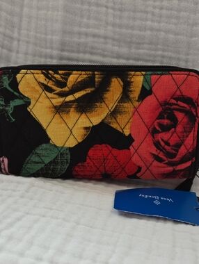 Vera Bradley Quilted Zip Wallet in Black with Red & Yellow Roses